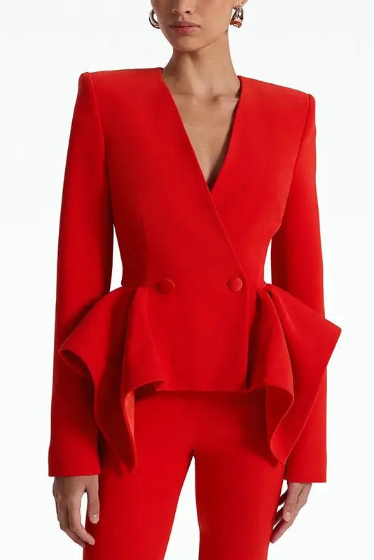 Riviera Red Ruffle Trouser Suit by Shine | from Luxe Lane | SKU: -1 | Barcode:  | Options: S | 2025 designer inspiration clothing suits women trouser suits red ruffle jacket flared pants suits women suits