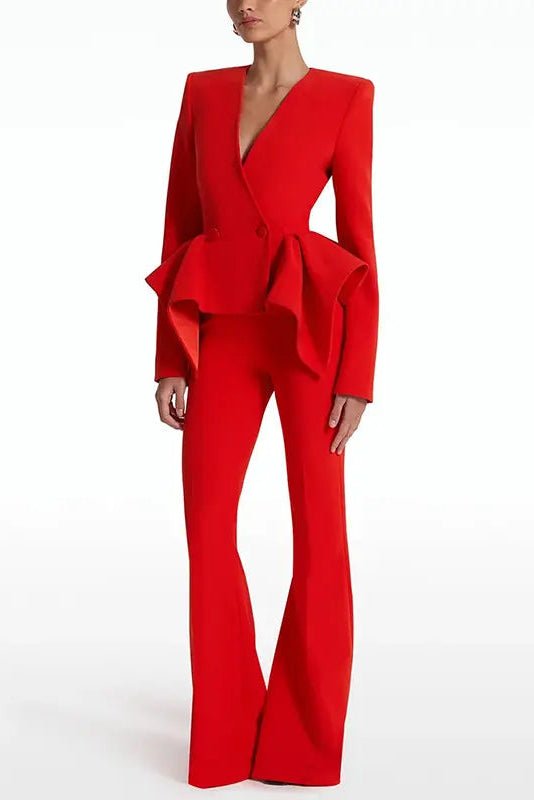 Riviera Red Ruffle Trouser Suit by Shine | from Luxe Lane | SKU: -1 | Barcode:  | Options: S | 2025 designer inspiration clothing suits women trouser suits red ruffle jacket flared pants suits women suits