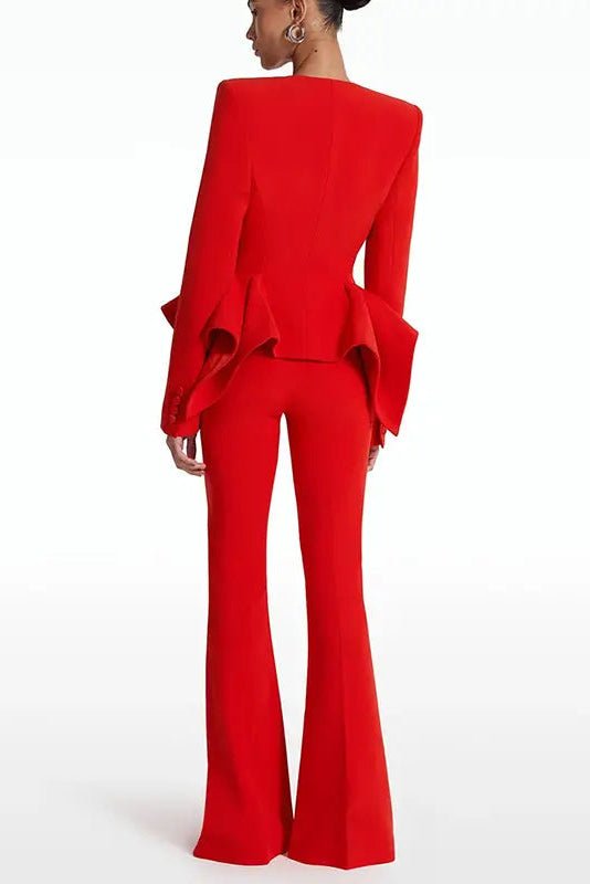 Riviera Red Ruffle Trouser Suit by Shine | from Luxe Lane | SKU: -1 | Barcode:  | Options: S | 2025 designer inspiration clothing suits women trouser suits red ruffle jacket flared pants suits women suits