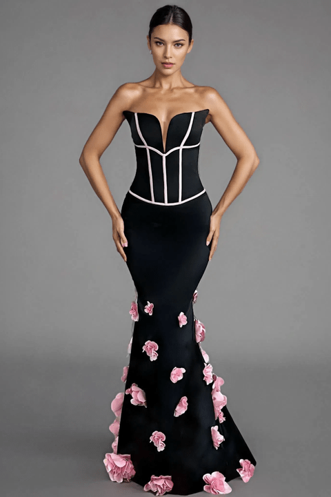 Rosa 3D Mermaid Evening Gown by Luxe Lane | from Luxe Lane | SKU:  | Barcode:  | Options: S | Luxo senhoras roupas desgaste do partido das mulheres negras elegante alta formal sereia vestidos vestido longo vestido de noite com flores rosa 3D