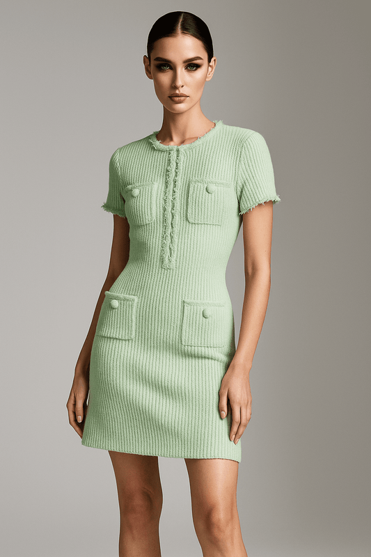 Rosa Lumière Pearl Tweed Dress by Luxe Lane | Mini gown from Luxe Lane | SKU:  | Barcode:  | Options: Light Green S | Rosa Lumière Pearl Tweed Dress