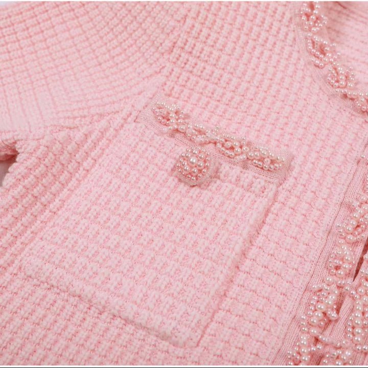 Rosa Lumière Pearl Tweed Dress by Luxe Lane | Mini gown from Luxe Lane | SKU:  | Barcode:  | Options: Light Green S | Elegant Knitted Beaded Short a Line Dresses Women Short Sleeve Formal Event Party Outfit Luxury Pink Tweed Mini Dress With Pearl