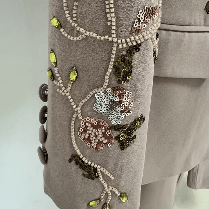 Rosabelle Embroidered Blossom Blazer Set by Luxe Lane | Blazer from Luxe Lane | SKU: -1 | Barcode:  | Options: Pink S | Luxury Light Pink Embroidered Beading Blazer Set 3D Flower Applique Long Sleeve Jacket and Wide Leg Pants Formal Suits for Women