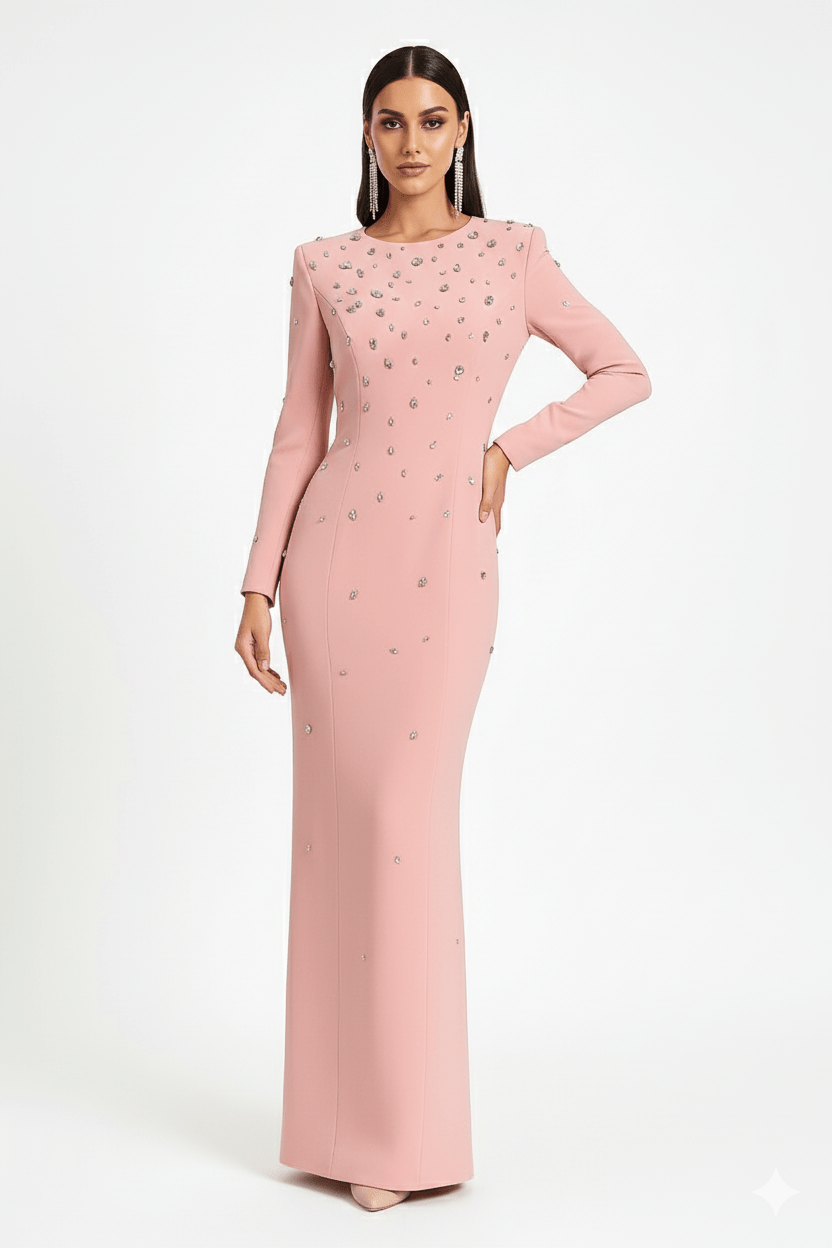Rosabelle High - Neck Rhinestone Gown by Luxe Lane | from Luxe Lane | SKU:  | Barcode:  | Options: black S | angle of Luxe Lane blush pink gown showing soft fabric flow and crystal embellishment