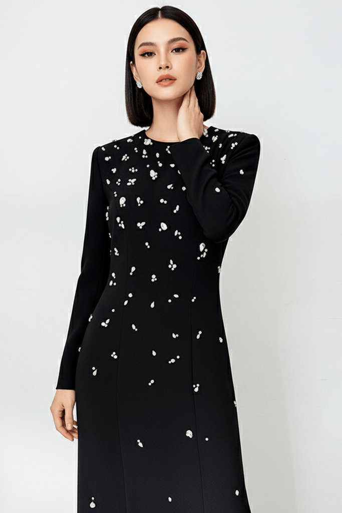 Rosabelle High - Neck Rhinestone Gown by Luxe Lane | from Luxe Lane | SKU:  | Barcode:  | Options: black S | close - up of model in Luxe Lane black rhinestone gown showing neckline and scattered crystal pattern