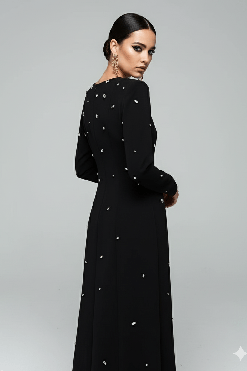 Rosabelle High - Neck Rhinestone Gown by Luxe Lane | from Luxe Lane | SKU:  | Barcode:  | Options: black S | back view of Luxe Lane black gown showing floor - length hemline and smooth fabric finish