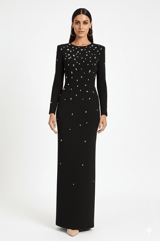 Rosabelle High - Neck Rhinestone Gown by Luxe Lane | from Luxe Lane | SKU:  | Barcode:  | Options: black S | front full - length view of Luxe Lane black high - neck rhinestone gown with long sleeves and slim silhouette