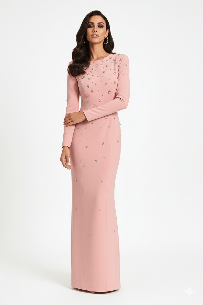 Rosabelle High - Neck Rhinestone Gown by Luxe Lane | from Luxe Lane | SKU:  | Barcode:  | Options: black S | front view of Luxe Lane blush pink rhinestone gown styled with minimal jewelry and sleek hair