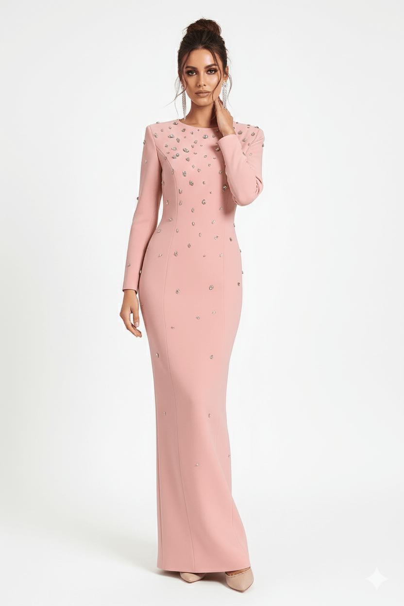 Rosabelle High - Neck Rhinestone Gown by Luxe Lane | from Luxe Lane | SKU:  | Barcode:  | Options: black S | side - angle view of Luxe Lane blush pink gown featuring crystal embellishments and long sleeves