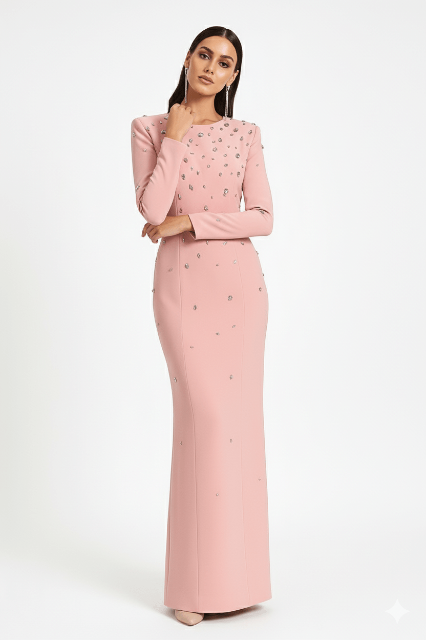 Rosabelle High - Neck Rhinestone Gown by Luxe Lane | from Luxe Lane | SKU:  | Barcode:  | Options: black S | studio image of model wearing Luxe Lane blush pink gown with shimmering rhinestone neckline