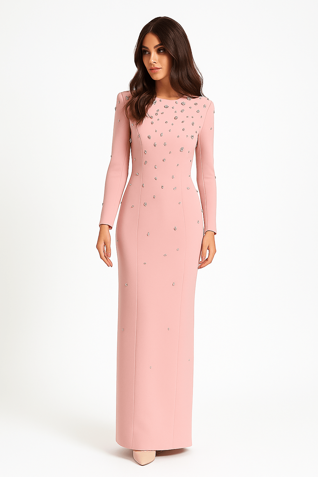 Rosabelle High - Neck Rhinestone Gown by Luxe Lane | from Luxe Lane | SKU:  | Barcode:  | Options: black S | back pose of Luxe Lane blush pink rhinestone gown with sleek zipper and floor - length hem