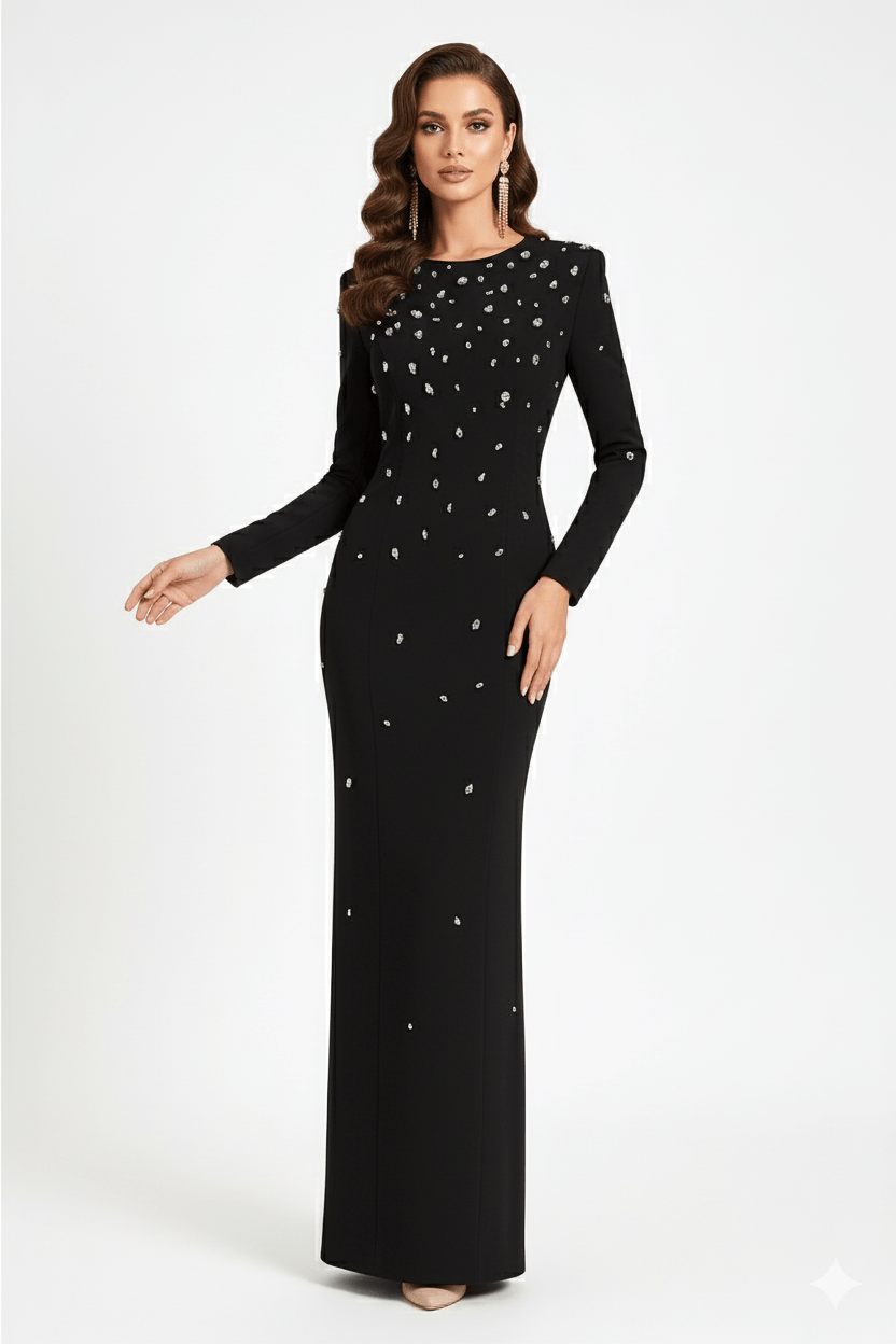 Rosabelle High - Neck Rhinestone Gown by Luxe Lane | from Luxe Lane | SKU:  | Barcode:  | Options: black S | front angle of Luxe Lane black high - neck gown highlighting crystal details and structured shoulder line