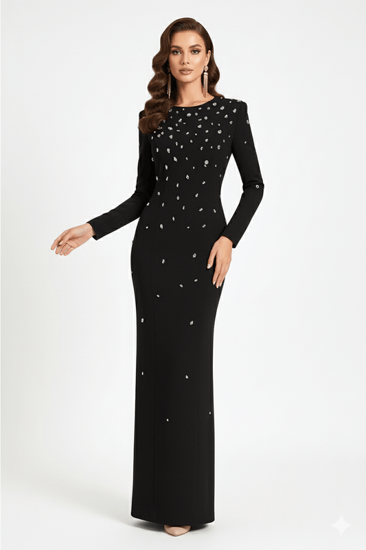 Rosabelle High - Neck Rhinestone Gown by Luxe Lane | from Luxe Lane | SKU:  | Barcode:  | Options: black S | front angle of Luxe Lane black high - neck gown highlighting crystal details and structured shoulder line