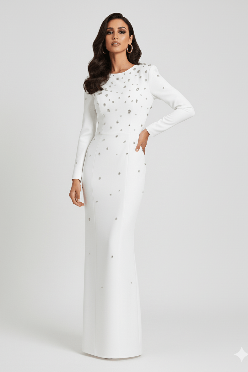 Rosabelle High - Neck Rhinestone Gown by Luxe Lane | from Luxe Lane | SKU:  | Barcode:  | Options: black S | model walking in Luxe Lane white rhinestone gown with scattered crystal embellishments and floor - length silhouette