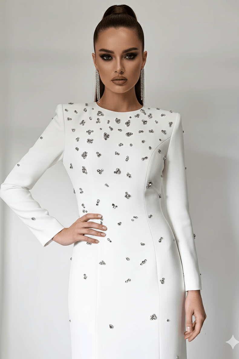 Rosabelle High - Neck Rhinestone Gown by Luxe Lane | from Luxe Lane | SKU:  | Barcode:  | Options: black S | front full - length view of Luxe Lane white high - neck rhinestone gown with long sleeves and elegant slim fit