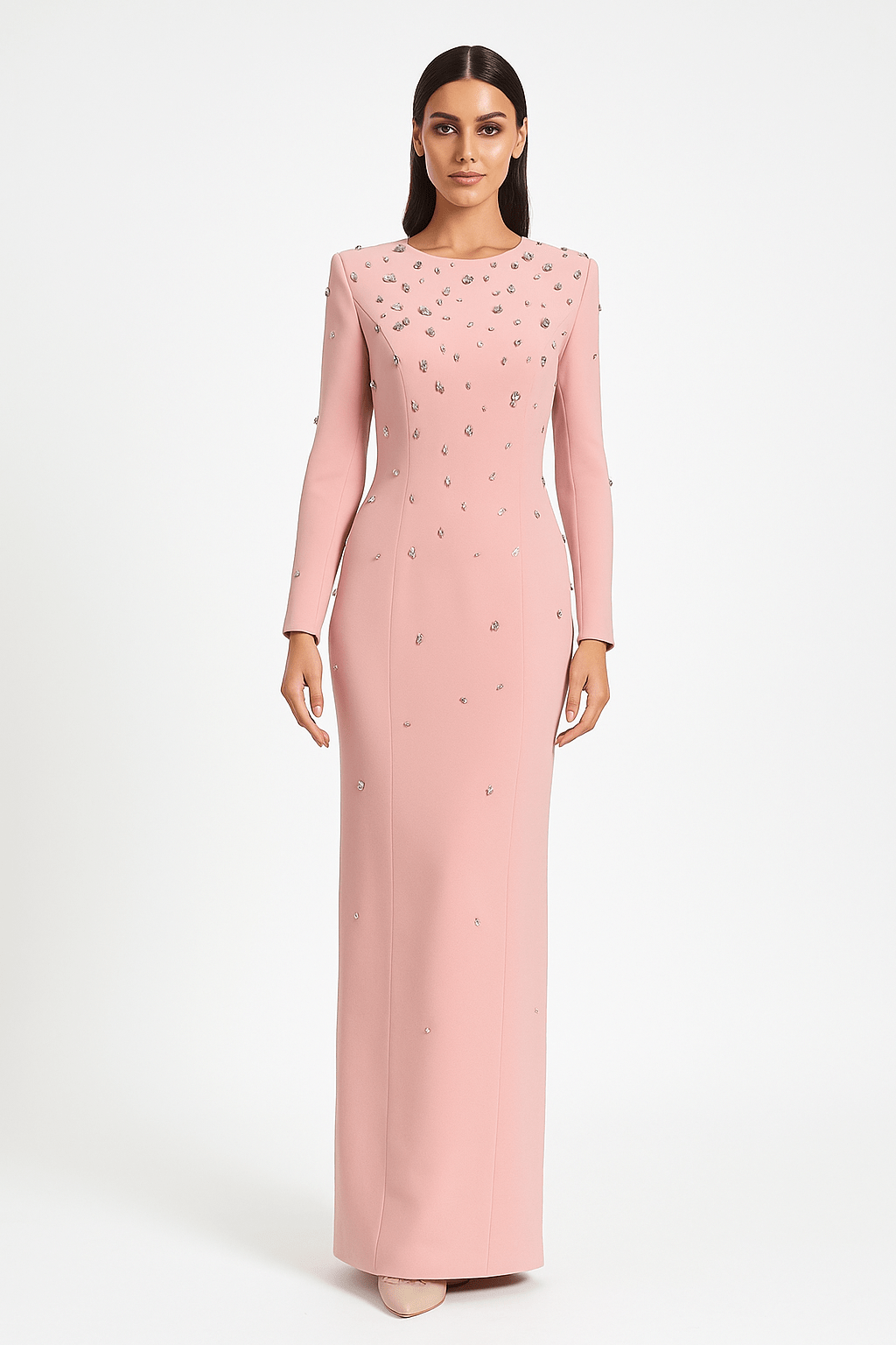 Rosabelle High - Neck Rhinestone Gown by Luxe Lane | from Luxe Lane | SKU:  | Barcode:  | Options: Pink S | Pink evening gown with long sleeves and embellishments on a white background