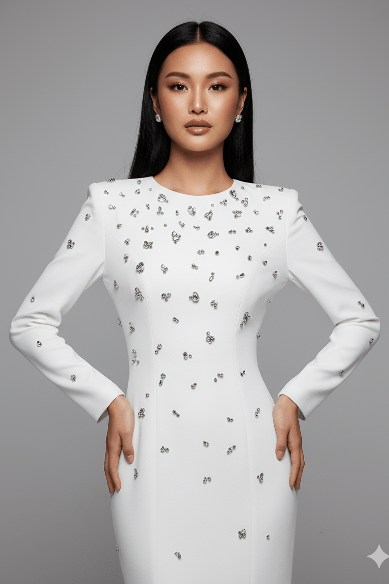 Rosabelle High - Neck Rhinestone Gown by Luxe Lane | from Luxe Lane | SKU:  | Barcode:  | Options: white S | studio portrait of model wearing Luxe Lane white embellished gown with silver rhinestones and structured shoulders with