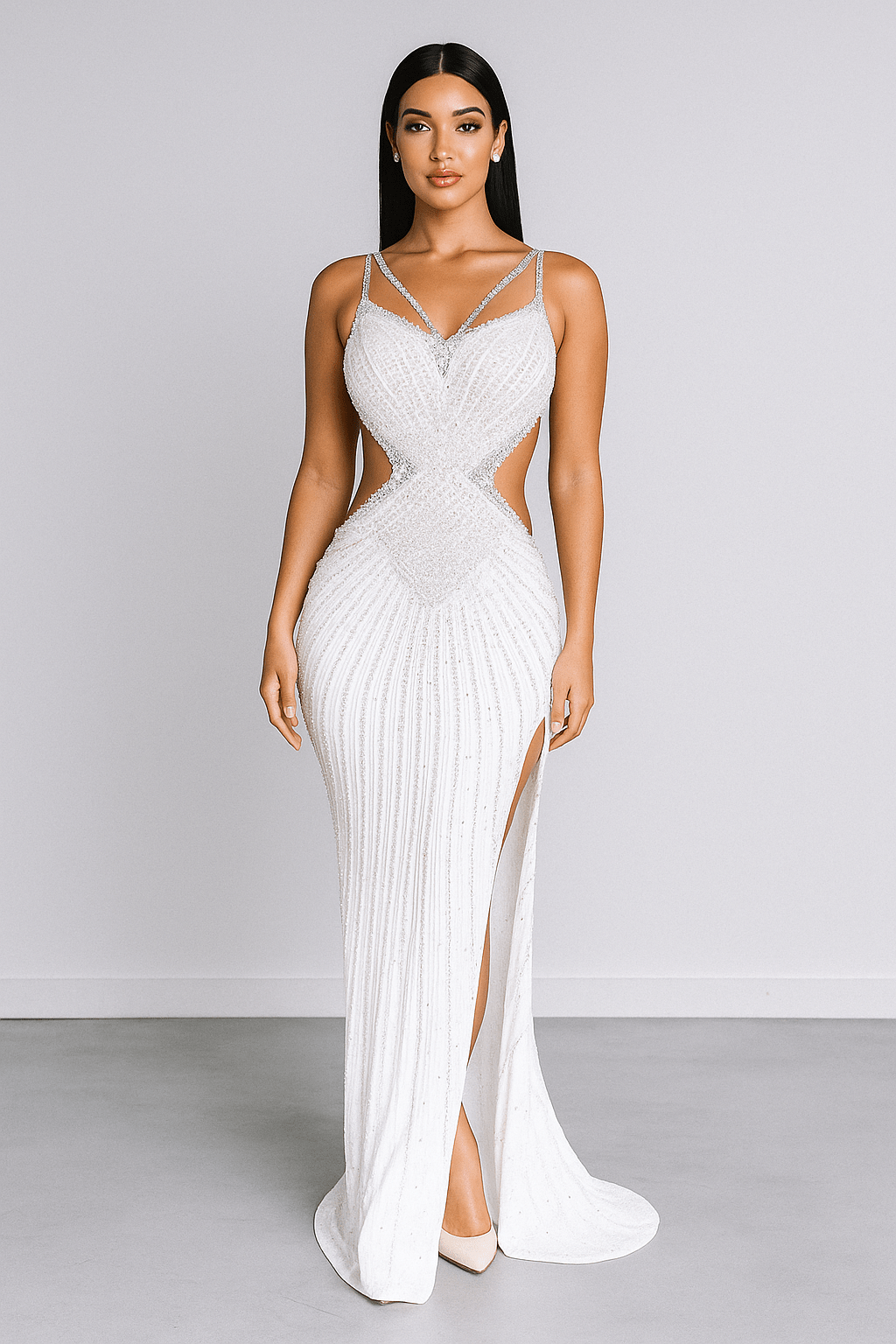 Rosalie Blush Crystal Cut - Out Mermaid Gown by Shine | from Luxe Lane | SKU:  | Barcode:  | Options: Red S | Rosalie Blush Crystal Cut - Out Mermaid Gown