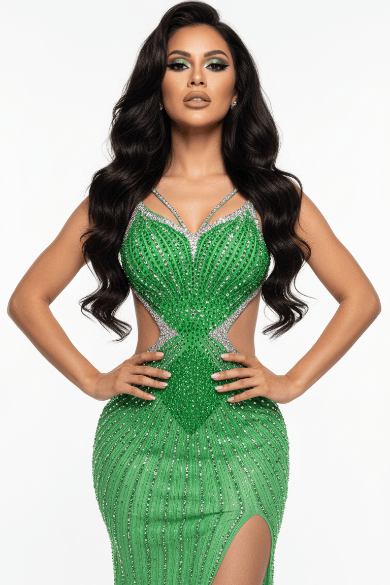 Rosalie Blush Crystal CutOut Mermaid Gown by Shine | from Luxe Lane | SKU:  | Barcode:  | Options: Green S | Rosalie Blush Crystal CutOut Mermaid Gown