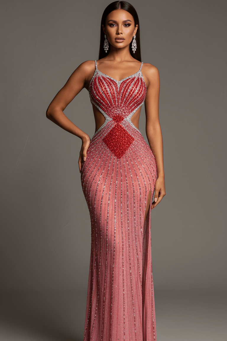 Rosalie Blush Crystal CutOut Mermaid Gown by Shine | from Luxe Lane | SKU:  | Barcode:  | Options: Red S | Rosalie Blush Crystal CutOut Mermaid Gown
