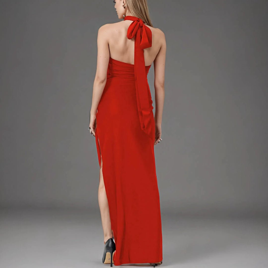 Rosavelle Red Halter Slit Gown by Luxe Lane | from Luxe Lane | SKU:  | Barcode:  | Options: White XS | 2025 Womens Fashion Clothes Luxury Women Gowns Evening Dresses Red Halter Slit Formal Party Long Bodycon Flower Dress
