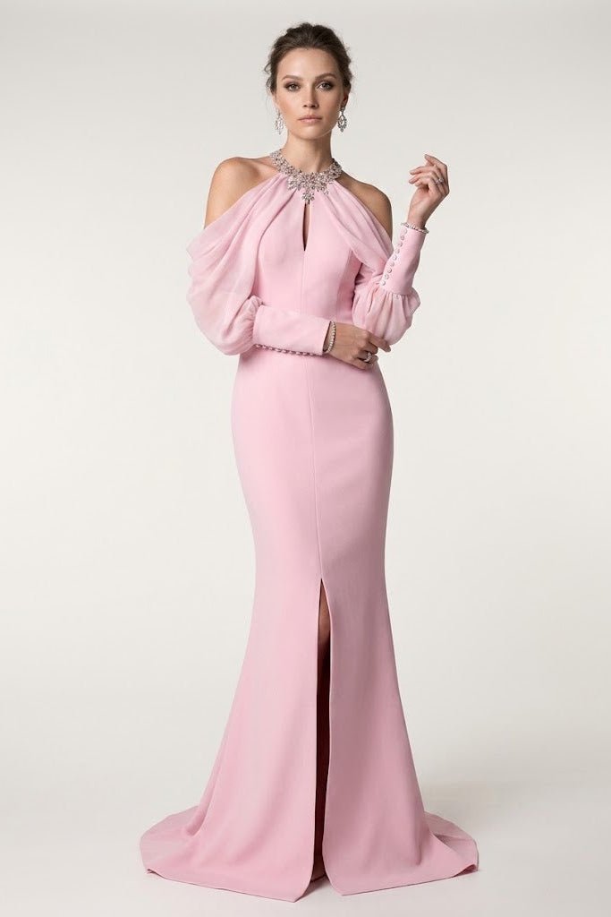 Rose Crystal Cold Shoulder GownEvening DressesPinkS(2)Luxe Lane