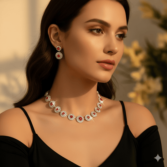 Round Rhinestone Quartz Necklace & Earrings Set by CJ | 0 from Luxe Lane | SKU: CJLX246901901AZ | Barcode:  | Options: White | Round Rhinestone Quartz Necklace & Earrings Set