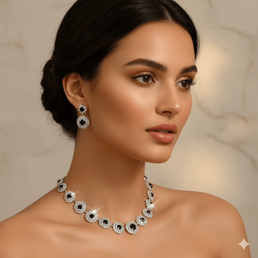Round Rhinestone Quartz Necklace & Earrings Set by CJ | 0 from Luxe Lane | SKU: CJLX246901901AZ | Barcode:  | Options: White | Round Rhinestone Quartz Necklace & Earrings Set