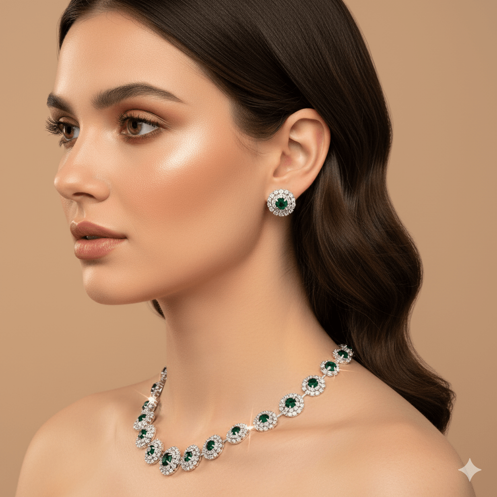 Round Rhinestone Quartz Necklace & Earrings Set by CJ | 0 from Luxe Lane | SKU: CJLX246901901AZ | Barcode:  | Options: White | Round Rhinestone Quartz Necklace & Earrings Set