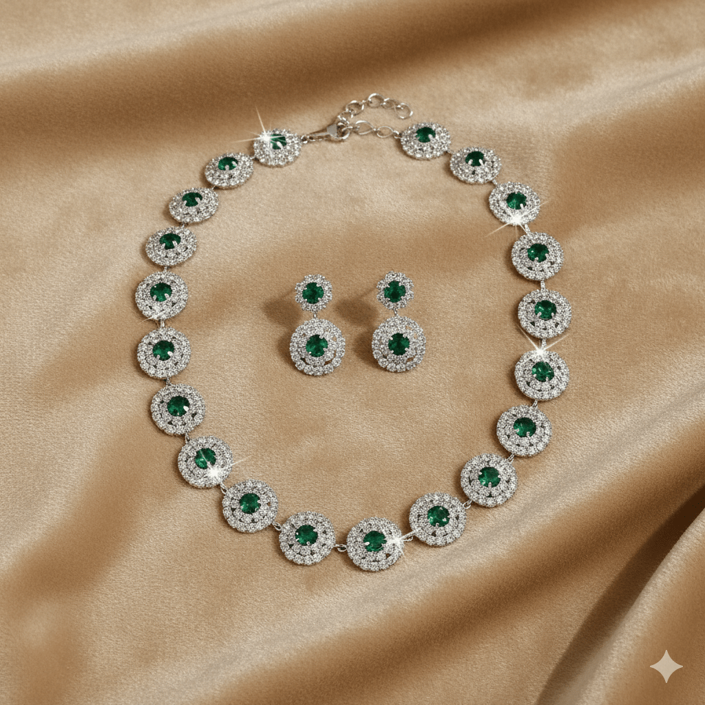 Round Rhinestone Quartz Necklace & Earrings Set by CJ | 0 from Luxe Lane | SKU: CJLX246901901AZ | Barcode:  | Options: White | Round Rhinestone Quartz Necklace & Earrings Set