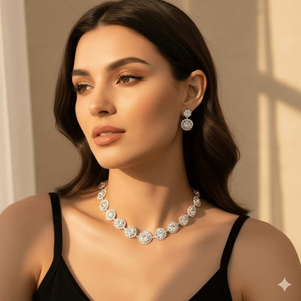 Round Rhinestone Quartz Necklace & Earrings Set by CJ | 0 from Luxe Lane | SKU: CJLX246901901AZ | Barcode:  | Options: White | Round Rhinestone Quartz Necklace & Earrings Set