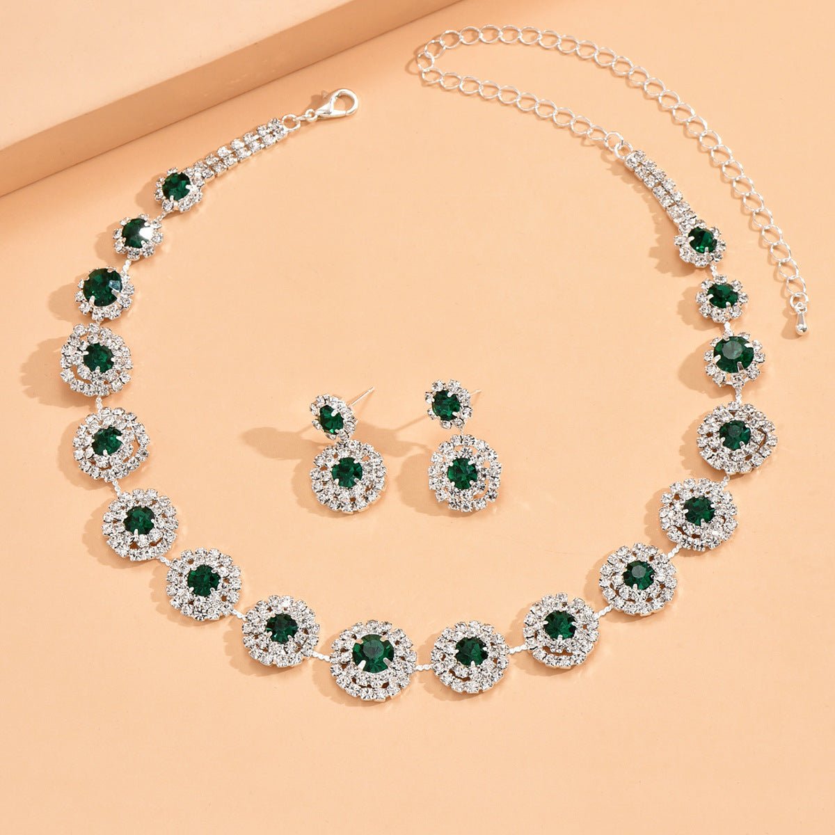 Round Rhinestone Quartz Necklace & Earrings Set by CJ | 0 from Luxe Lane | SKU: CJLX246901903CX | Barcode:  | Options: Green | Round Rhinestone Quartz Necklace & Earrings Set