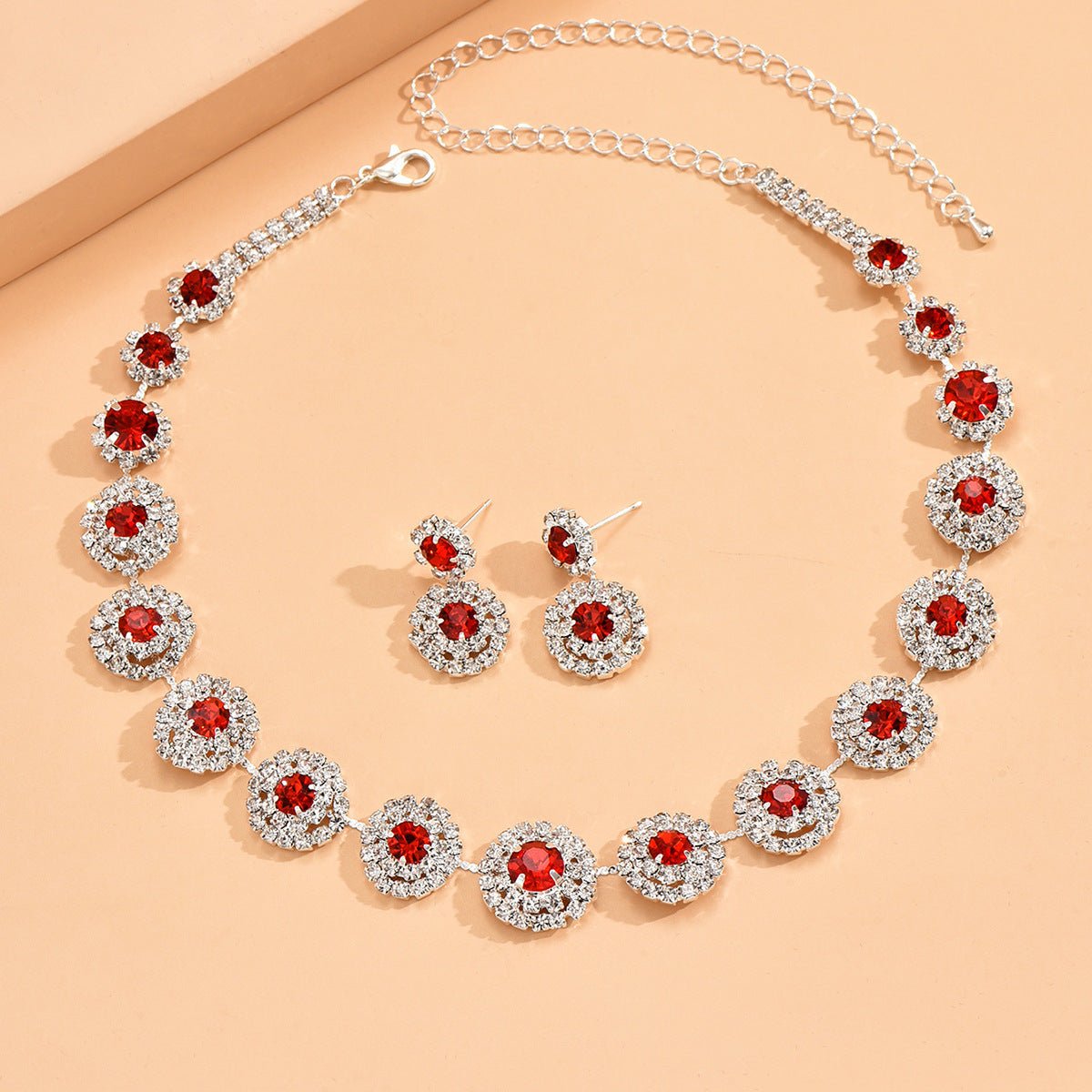 Round Rhinestone Quartz Necklace & Earrings Set by CJ | 0 from Luxe Lane | SKU: CJLX246901904DW | Barcode:  | Options: Red | Round Rhinestone Quartz Necklace & Earrings Set