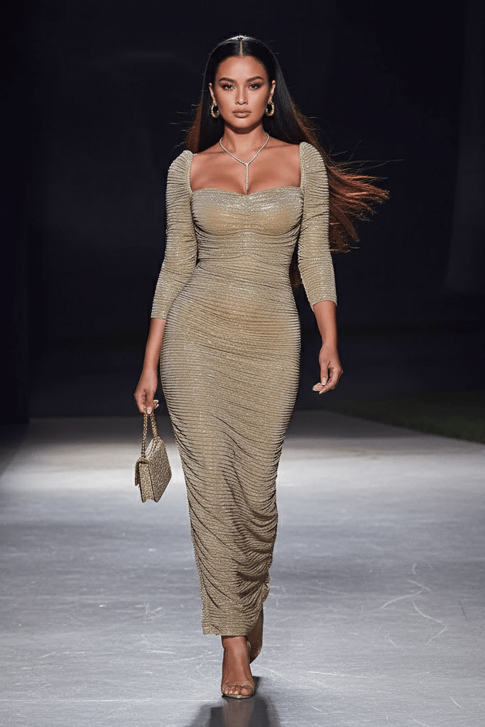 Ruched Chiffon Maxi Evening Dress by shine | tea - length gown from Luxe Lane | SKU: -1 | Barcode:  | Options: Golden XS(0) | Ruched Chiffon Maxi Evening Dress