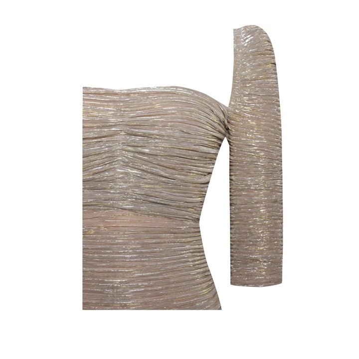 Ruched Chiffon Maxi Evening Dress by shine | tea - length gown from Luxe Lane | SKU: -1 | Barcode:  | Options: Golden XS(0) | Sorrel Glint Gold Ruched Chiffon Maxi Dress Elegant Women Long Sleeve Evening Dresses