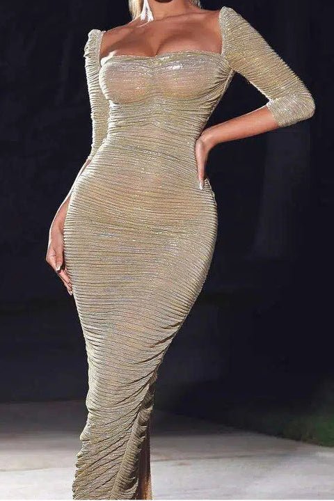 Ruched Chiffon Maxi Evening Dress by shine | tea - length gown from Luxe Lane | SKU: -1 | Barcode:  | Options: Golden XS(0) | Sorrel Glint Gold Ruched Chiffon Maxi Dress Elegant Women Long Sleeve Evening Dresses