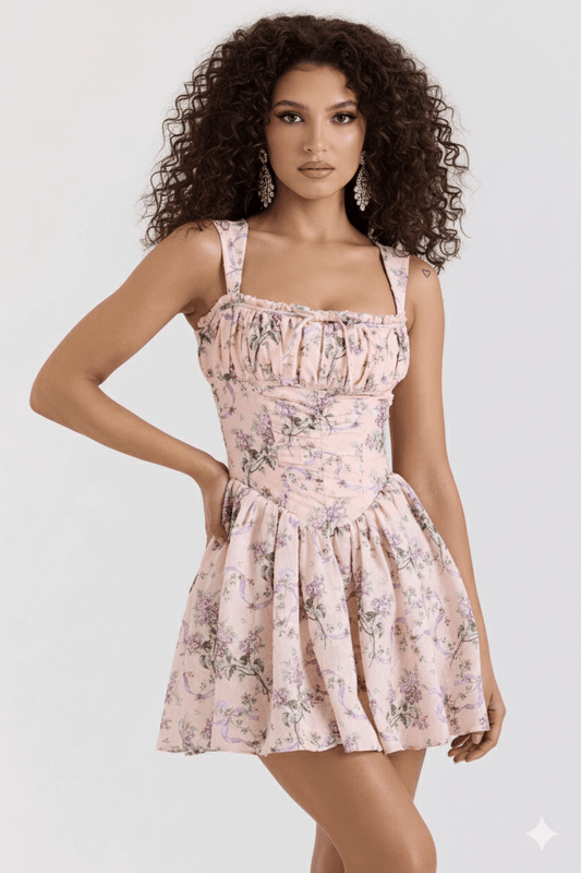 Ruched Floral Mini Dress by Luxe Lane | Mini gown from Luxe Lane | SKU:  | Barcode:  | Options: Pink XS | Ruched Floral Mini Dress