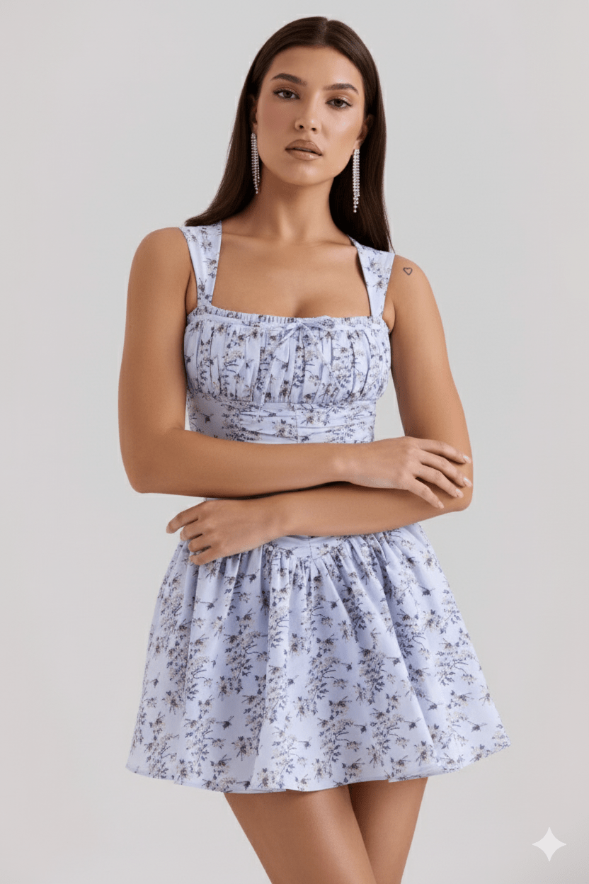 Ruched Floral Mini Dress by Luxe Lane | Mini gown from Luxe Lane | SKU:  | Barcode:  | Options: purple XS | Ruched Floral Mini Dress