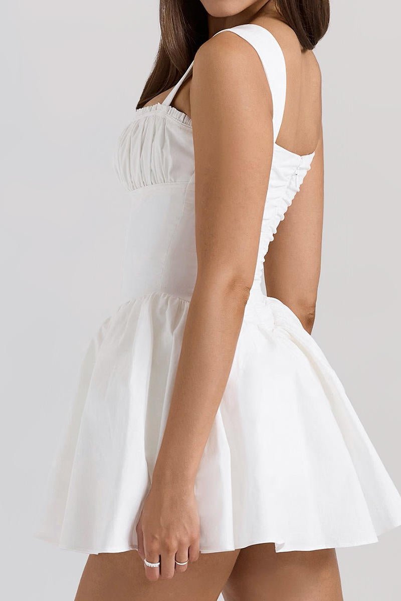 Ruched Floral Mini Dress by Luxe Lane | Mini gown from Luxe Lane | SKU:  | Barcode:  | Options: White XS | New Arrival Women's Summer Clothing Robe Pour Femme White Ruched Mini Dress Bubble Short Pleated Corset Puff Dress for Women