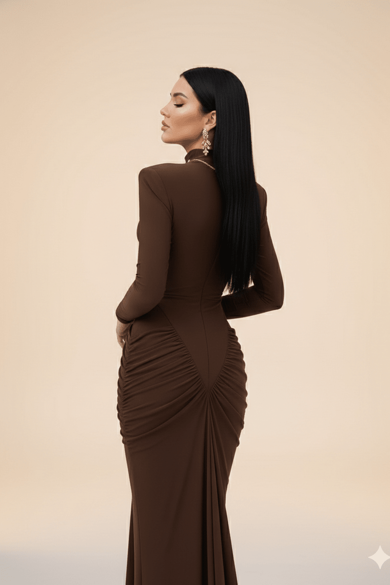 Ruched High - Neck Long Sleeve Bodycon Maxi Evening Dress by Luxe Lane | mermaid gown from Luxe Lane | SKU: -1 | Barcode:  | Options: Caramel S(6) | Woman in a brown dress with a ruched design, standing against a beige background