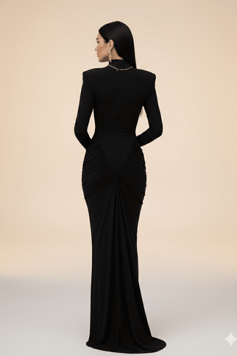 Ruched High - Neck Long Sleeve Bodycon Maxi Evening Dress by Luxe Lane | mermaid gown from Luxe Lane | SKU: -1 | Barcode:  | Options: Caramel S(6) | Black evening gown with long sleeves on a plain background