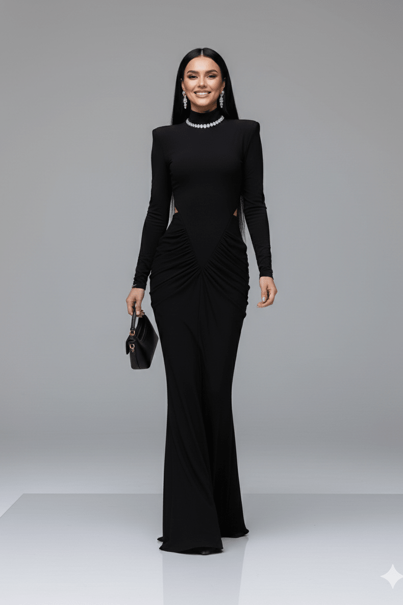 Ruched High - Neck Long Sleeve Bodycon Maxi Evening Dress by Luxe Lane | mermaid gown from Luxe Lane | SKU: -5 | Barcode:  | Options: Black S(6) | Woman wearing a black long - sleeve dress on a gray background