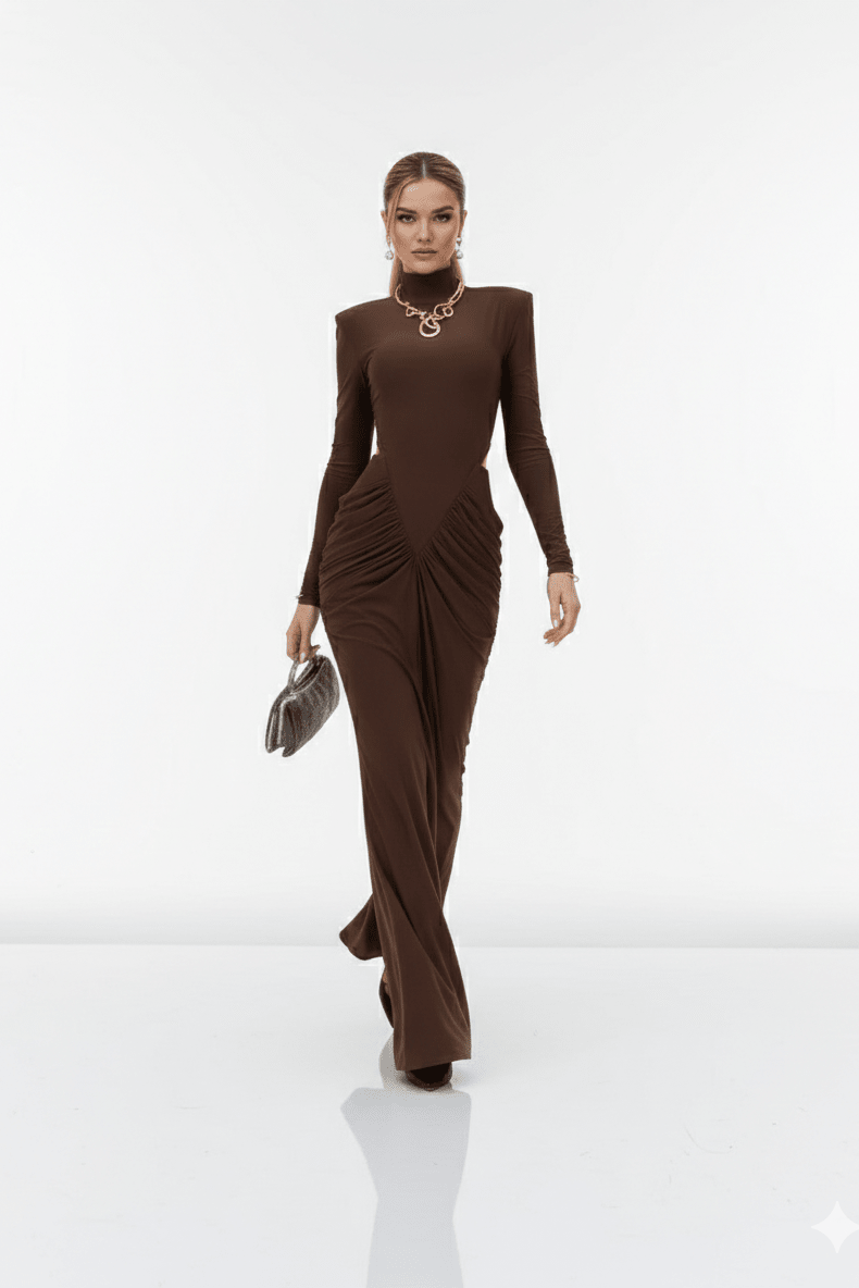 Ruched High - Neck Long Sleeve Bodycon Maxi Evening Dress by Luxe Lane | mermaid gown from Luxe Lane | SKU: -5 | Barcode:  | Options: Black S(6) | Ruched High - Neck Long Sleeve Bodycon Maxi Evening Dress