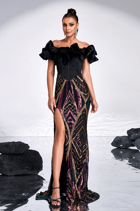 Ruffle Split Sequin Evening Gown by Shine | mermaid gown from Luxe Lane | SKU:  | Barcode:  | Options: Black S(6) | Luxury Formal Maxi Dress Black Ruffle Split Long Party Wear Prom Wedding Guest Outfit Elegant Off Shoulder Sequin Evening Gown