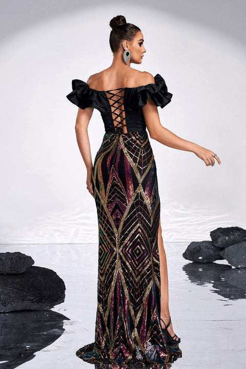 Ruffle Split Sequin Evening Gown by Shine | mermaid gown from Luxe Lane | SKU:  | Barcode:  | Options: Black S(6) | Luxury Formal Maxi Dress Black Ruffle Split Long Party Wear Prom Wedding Guest Outfit Elegant Off Shoulder Sequin Evening Gown