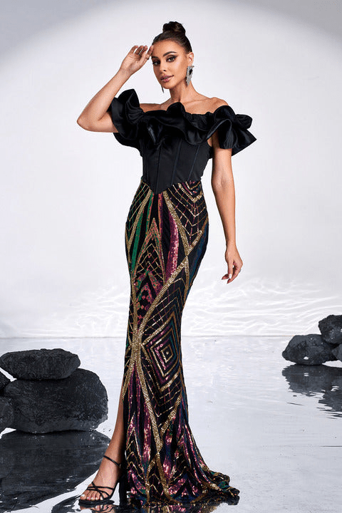 Ruffle Split Sequin Evening Gown by Shine | mermaid gown from Luxe Lane | SKU:  | Barcode:  | Options: Black S(6) | Luxury Formal Maxi Dress Black Ruffle Split Long Party Wear Prom Wedding Guest Outfit Elegant Off Shoulder Sequin Evening Gown