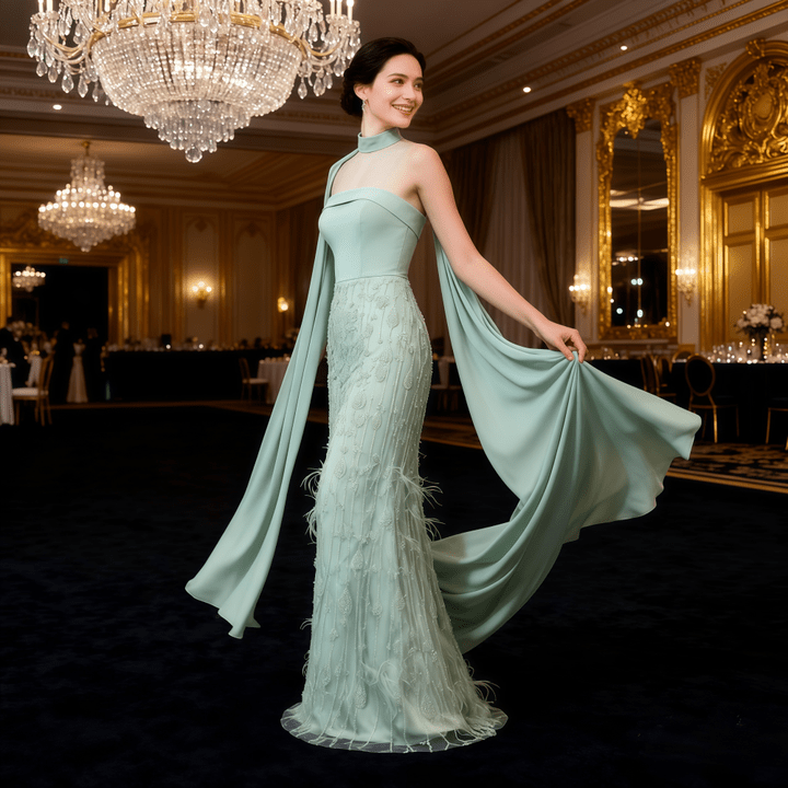 Sage Green Lace Bodycon Evening Gown with CapeLight Blue2(UK 6)Luxe Lane