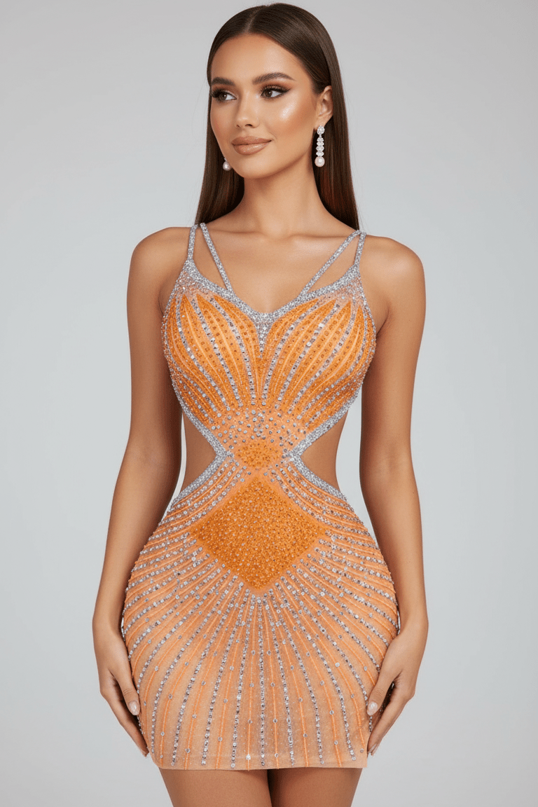 Saphira Pink Rhinestone Cutout Mini Dress by Luxe Lane | Club Dresses from Luxe Lane | SKU: -13 | Barcode:  | Options: White S | Saphira Pink Rhinestone Cutout Mini Dress