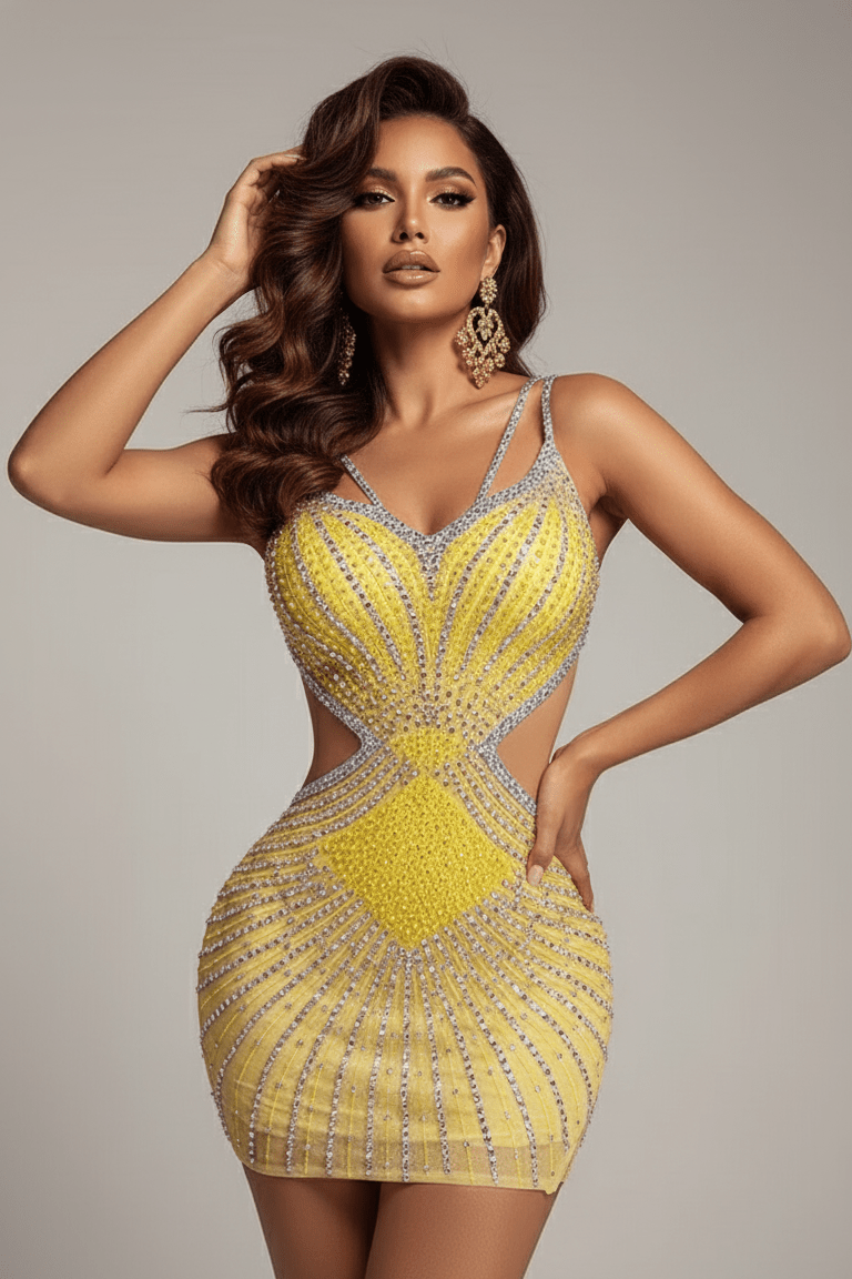 Saphira Pink Rhinestone Cutout Mini Dress by Luxe Lane | Club Dresses from Luxe Lane | SKU: -25 | Barcode:  | Options: Green S | Saphira Pink Rhinestone Cutout Mini Dress