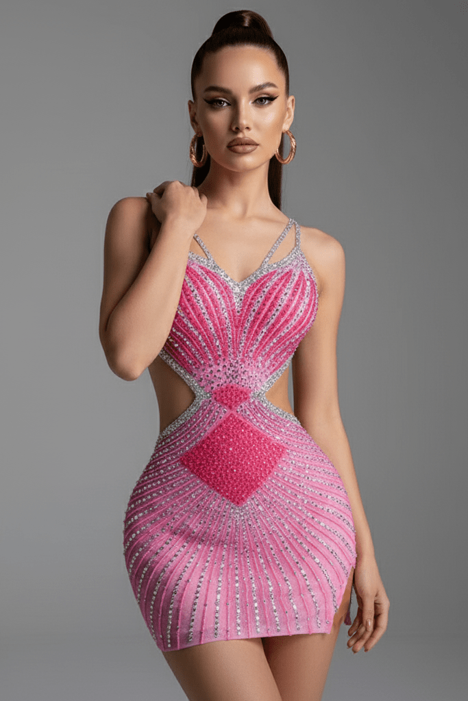 Saphira Pink Rhinestone Cutout Mini Dress by Luxe Lane | Club Dresses from Luxe Lane | SKU: -29 | Barcode:  | Options: Orange S | Saphira Pink Rhinestone Cutout Mini Dress
